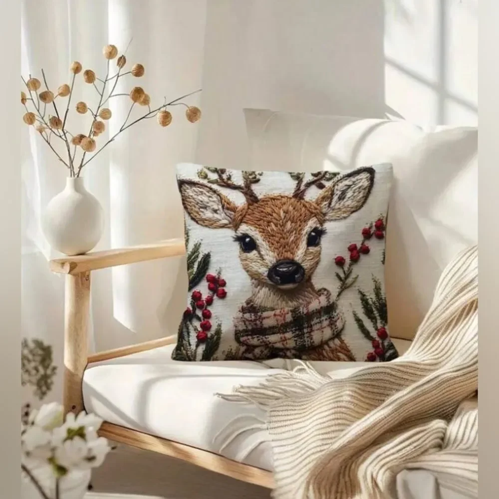 LAST ONE! NEW! (1) 2-D Print Vintage-Style Reindeer Holly Winter Pillow Cover